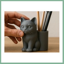 Bşk Virgo 3D Baskı Kedi Figürlü Kalemlik - Masaüstü Organizer - Gri BSK2026