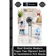 Terrien Özel Üretim Modern Toplu Taşı Öğrenci Şarjlı El Vantilatörü F21 Beyaz