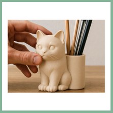 Bşk Virgo 3D Baskı Kedi Figürlü Kalemlik - Masaüstü Organizer - Bej BSK2026