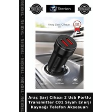 Terrien Araç Şarj Cihazı 2 USB Portlu Transmitter C01 Siyah Enerji Kaynağı Telefon Aksesuarı