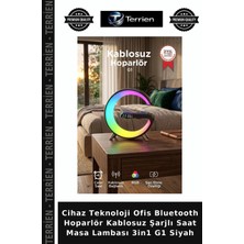 Terrien Cihaz Teknoloji Ofis Bluetooth Hoparlör Kablosuz Şarjlı Saat Masa Lambası 3in1 G1 Siyah