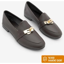 Marjin Kadın Loafer Hakiki Deri Tokalı Makosen Günlük Ayakkabı Nador Kahve