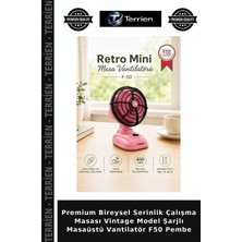 Terrien Premium Bireysel Serinlik Çalışma Masası Vintage Model Şarjlı Masaüstü Vantilatör F50 Pembe