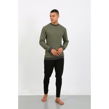 Mestore Moda Çizgi Erkek Uzun Kol Manşetli Paça Penye Pijama Takımı 6870 Haki