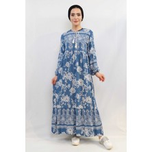Mestore Moda Çizgi Vintage Desen Elbise Mavi