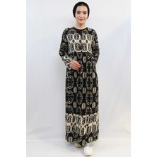 Mestore Moda Çizgi Papatya Desen Elbise Siyah