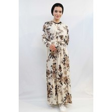 Mestore Moda Çizgi Gül Desenli Elbise MC4101 Bej