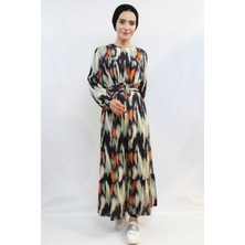 Mestore Moda Çizgi Karışık Desen Elbise Mint