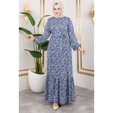 Mestore Çiçek Desenli Tesettür Elbise Saks Mavisi
