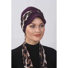 Mestore Leopar Fularlı Şapka Bone  Mürdüm
