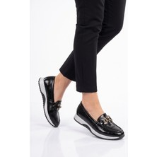 Ayk's Toka Detaylı Kalın Tabanlı Şık Rahat Siyah Kırışık Kadın Casual Ayakkabı Loafer 062