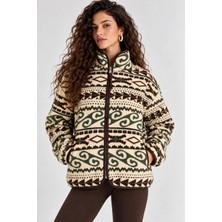Mevese Esenli Dik Yaka Cepli Biyeli Kadın Polar Sweatshirt - Krem-Yeşil