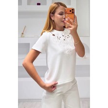 Fiolin Soft Touch Modal Kumaş Nakışlı Lazer Kesim T-Shirt