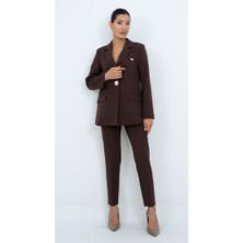 Dorne Moda Kadın Gold Düğmeli Şık Blazer Ceket Pantolon Ikili Takım - Düğün - Ofis Şıklığı - Özel Gün Takım Elbise