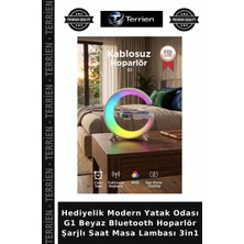 Terrien Hediyelik Modern Yatak Odası G1 Beyaz Bluetooth Hoparlör Şarjlı Saat Masa Lambası 3in1