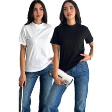 Fiolin Beyaz ve Siyah Dik Yaka 2'li Paket Basic Örme T-Shirt
