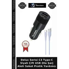Terrien Delux Serisi C3 Type-C Siyah Çift USB Oto Şarj Aleti Soket Pratik Yardımcı
