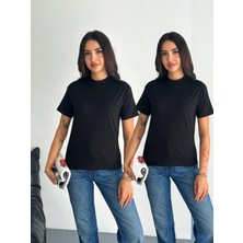 Fiolin Kadın Siyah Dik Yaka 2'li Paket %100 Pamuk Basic Örme T-Shirt