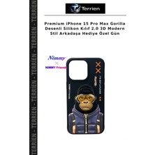 Terrien Premium iPhone 15 Pro Max Gorilla Desenli Silikon Kılıf 2.0 3D Modern Stil Arkadaşa Hediye Özel Gün