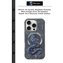 Terrien iPhone 15 Uyumlu Magsafe Destekli Mavi Dragon Kılıf 3D Işlemeli Kapak Tarz Aksesuar Erkek Hediye