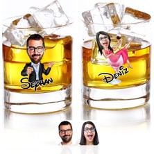 BK Gift Kişiye Özel Renkli Baskılı Erkek ve Kadın Karikatürlü Ikili Viski Bardağı-6