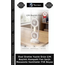 Terrien Özel Üretim Yazlık Ürün Çift Başlıklı Kompakt Fan Şarjlı Masaüstü Vantilatör F59 Beyaz