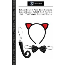Terrien Sahne Kıyafeti Parti Süsü Kutlama Ürünü Kırmızı Kulaklı Kedi Kostüm Seti – Taç Papyon Kuyruk 3 Parça