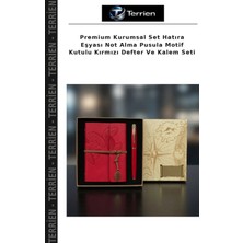 Terrien Premium Kurumsal Set Hatıra Eşyası Not Alma Pusula Motif Kutulu Kırmızı Defter ve Kalem Seti