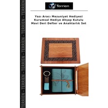 Terrien Yazı Aracı Mezuniyet Hediyesi Kurumsal Hediye Ahşap Kutulu Mavi Deri Defter ve Anahtarlık Set