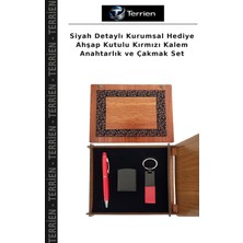 Terrien Siyah Detaylı Kurumsal Hediye Ahşap Kutulu Kırmızı Kalem Anahtarlık ve Çakmak Set