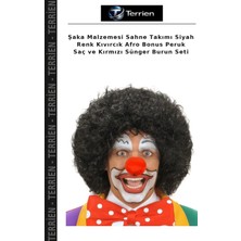 Terrien Şaka Malzemesi Sahne Takımı Siyah Renk Kıvırcık Afro Bonus Peruk Saç ve Kırmızı Sünger Burun Seti