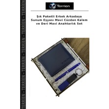 Terrien Şık Paketli Erkek Arkadaşa Sunum Eşyası Mavi Cüzdan Kalem ve Deri Mavi Anahtarlık Set