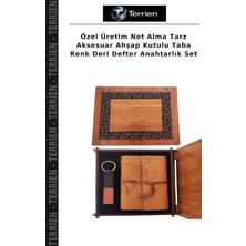 Terrien Özel Üretim Not Alma Tarz Aksesuar Ahşap Kutulu Taba Renk Deri Defter Anahtarlık Set
