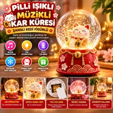 Svoria Store Pilli Işıklı Müzikli Kar Küresi–şanslı Kedi Figürlü Eğlenceli Masaüstü Biblo, LED Ayd�