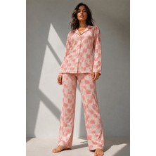 Kadın Uzun Kol Pamuklu Pembe Pijama Takımı