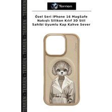 Terrien Özel Seri iPhone 16 Magsafe Nakışlı Silikon Kılıf 3D Stil Sahibi Uyumlu Kap Kahve Sever