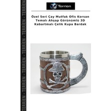 Terrien Özel Seri Çay Mutfak Ofis Korsan Temalı Ahşap Görünümlü 3D Kabartmalı Çelik Kupa Bardak