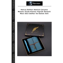 Terrien Hatıra Defteri Notluk Çalışma Masası Siyah Kutulu Yaprak Desenli Mavi Deri Defter ve Kalem Seti