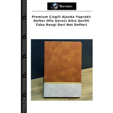 Terrien Premium Çizgili Ajanda Yapraklı Defter Ofis Gereci Altın Şeritli Taba Rengi Deri Not Defteri