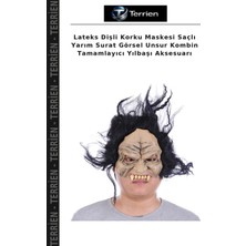 Terrien Lateks Dişli Korku Maskesi Saçlı Yarım Surat Görsel Unsur Kombin Tamamlayıcı Yılbaşı Aksesuarı