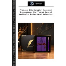 Terrien Premium Ofis Gereçleri Kurumsal Şık Aksesuar Mor Yaprak Desenli Deri Defter Roller Metal Kalem Seti