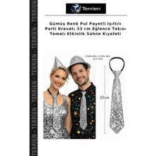 Terrien Gümüş Renk Pul Payetli Işıltılı Parti Kravatı 33 cm Eğlence Takısı Temalı Etkinlik Sahne Kıyafeti