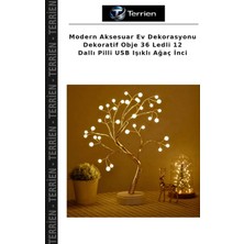 Terrien Modern Aksesuar Ev Dekorasyonu Dekoratif Obje 36 Ledli 12 Dallı Pilli USB Işıklı Ağaç Inci