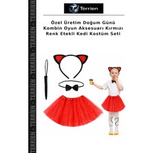 Terrien Özel Üretim Doğum Günü Kombin Oyun Aksesuarı Kırmızı Renk Etekli Kedi Kostüm Seti