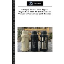 Terrien Yürüyüş Gereci Okul Eşyası Büyük Kap 2000 ml Çift Katmanlı Vakumlu Paslanmaz Çelik Termos