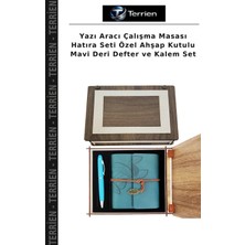Terrien Yazı Aracı Çalışma Masası Hatıra Seti Özel Ahşap Kutulu Mavi Deri Defter ve Kalem Set