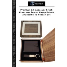 Terrien Premium Şık Aksesuar Erkek Aksesuarı Sunum Ahşap Kutulu Anahtarlık ve Cüzdan Set