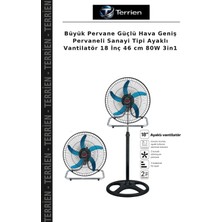 Terrien Büyük Pervane Güçlü Hava Geniş Pervaneli Sanayi Tipi Ayaklı Vantilatör 18 Inç 46 cm 80W 3in1
