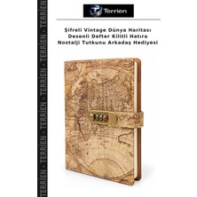 Terrien Şifreli Vintage Dünya Haritası Desenli Defter Kilitli Hatıra Nostalji Tutkunu Arkadaş Hediyesi