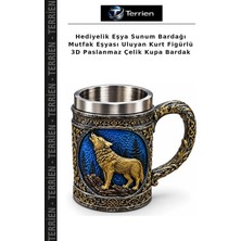 Terrien Hediyelik Eşya Sunum Bardağı Mutfak Eşyası Uluyan Kurt Figürlü 3D Paslanmaz Çelik Kupa Bardak